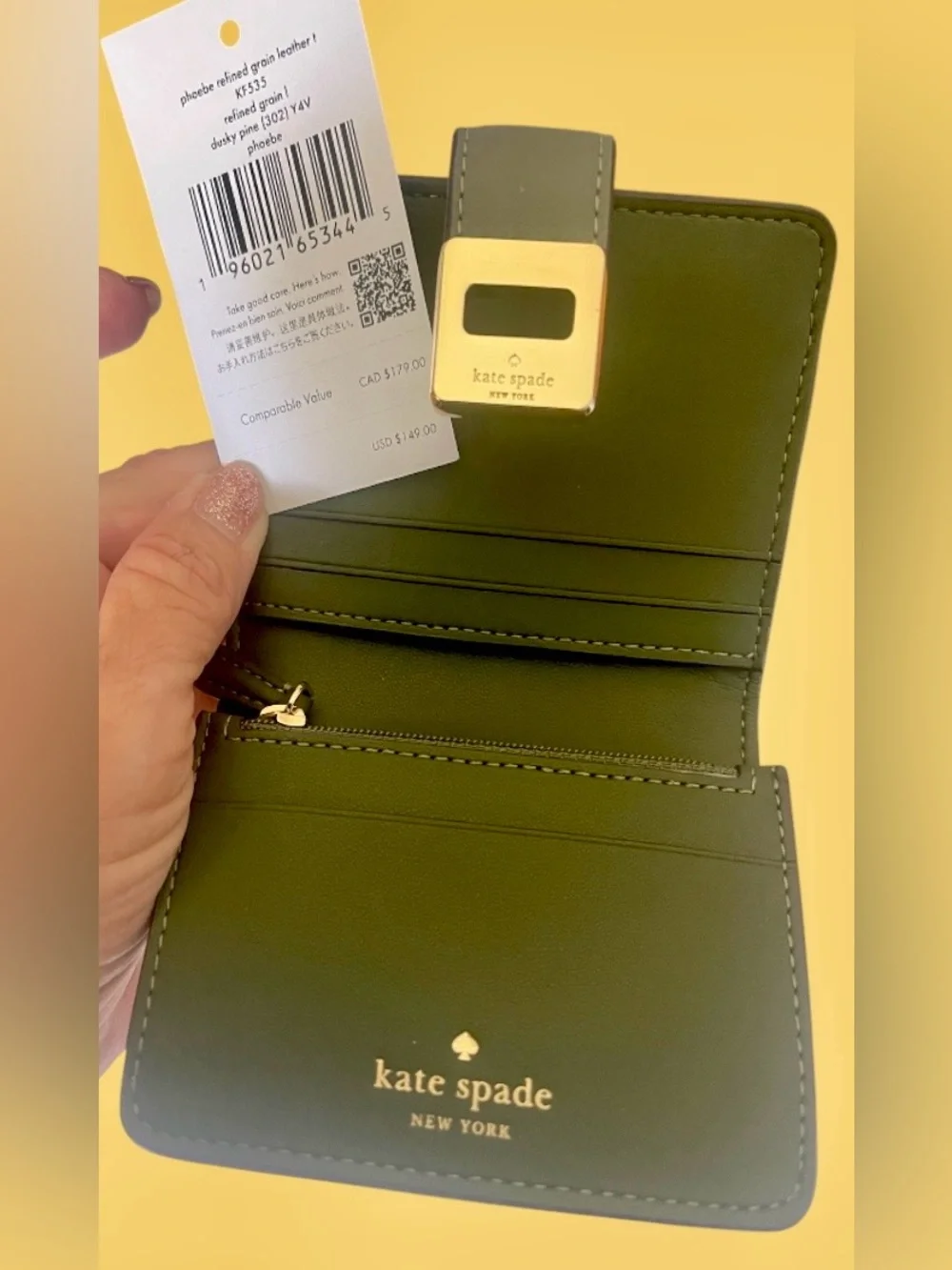 kate spade NWT RP$149 Leather Bifold Wallet-Compact “Phoebe” Olive/Pine